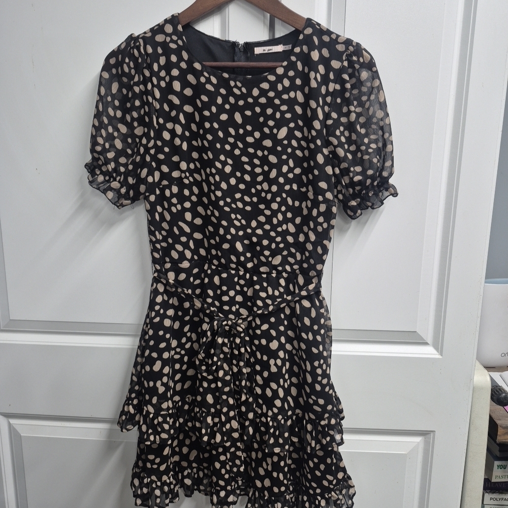 Mi Ami Womens Black Cream Polka-dot Multi-tiered Ruffle Dress Size M, Soft Girl